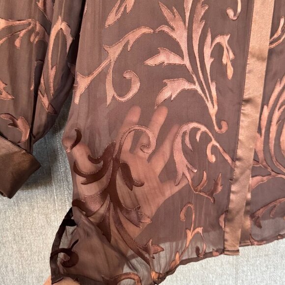 Victor Costa Occasion Brown Sheer Silk Satin Print Long Sleeve Tunic Top Size L - Picture 5 of 11